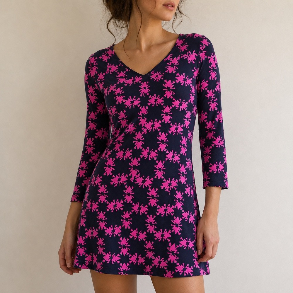 Lilly Pulitzer Gretchen Navy Pink Frog Print V-Neck Dress XS Preppy Whimsical‎